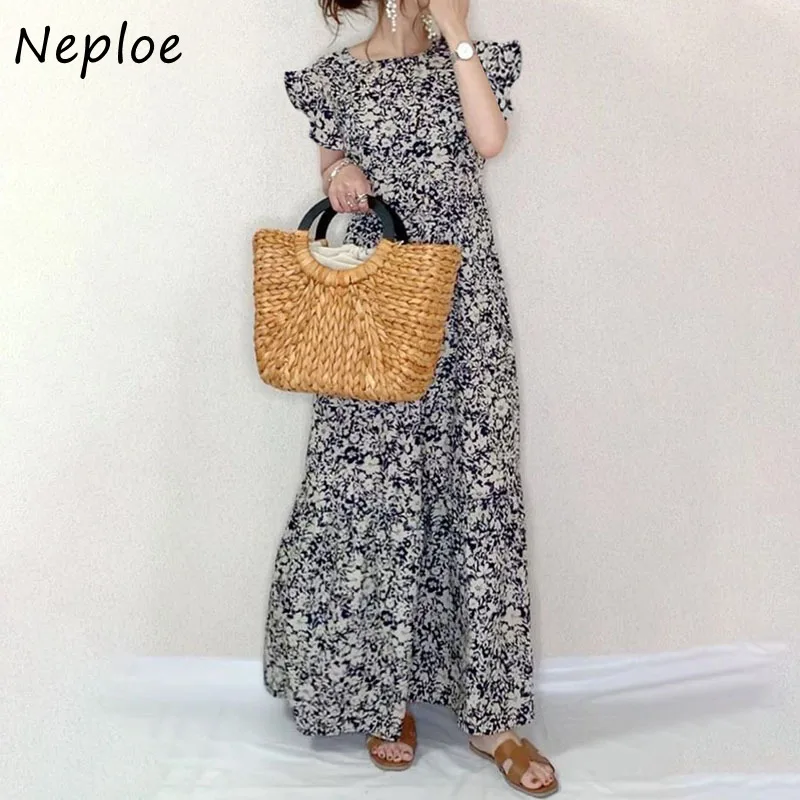 Kuzuwata Round Neck Ruffle Sleeve Flower Print 2024 Summer New Dress Women Fashion Lady Vestidos Loose Casual High Waist Robe