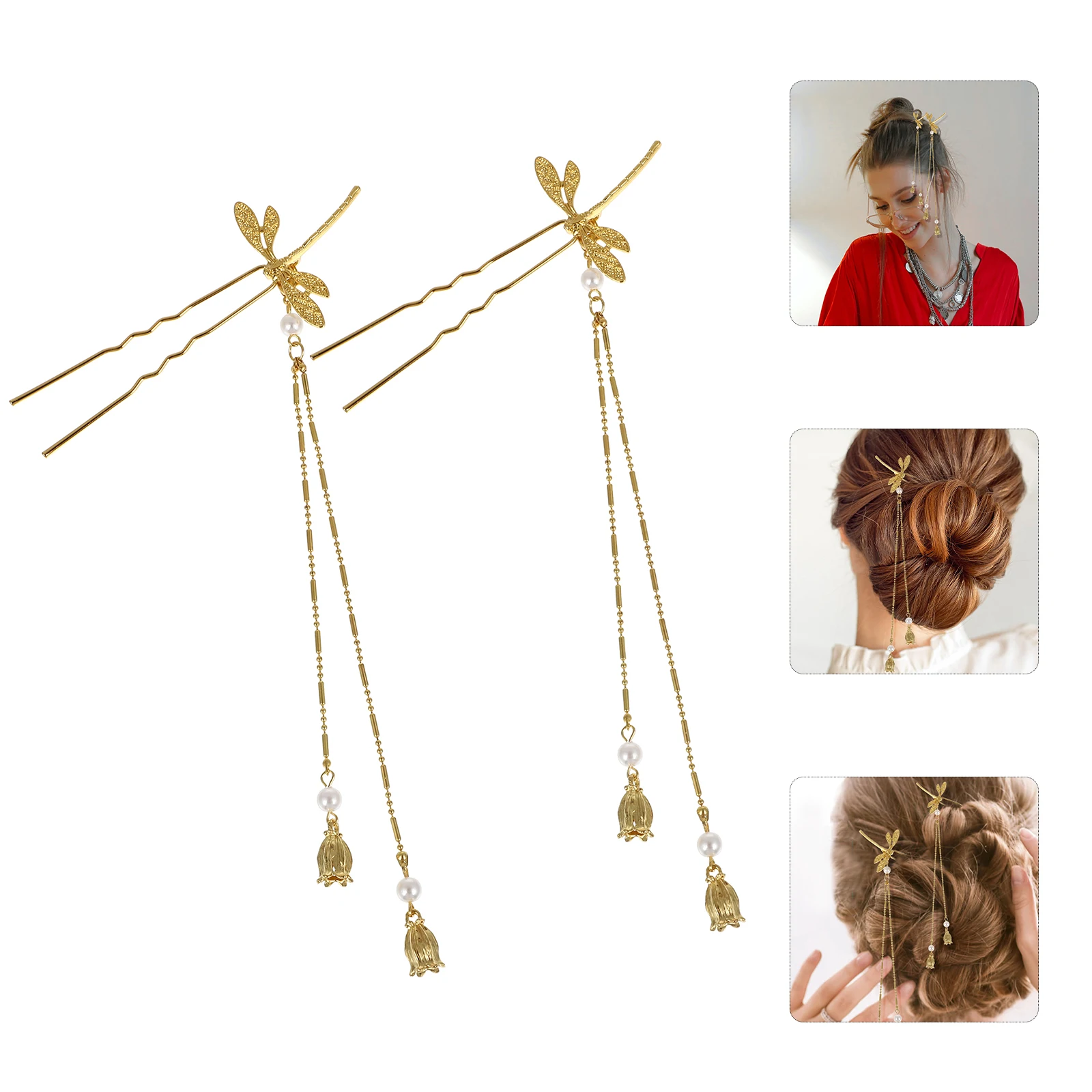 

2 Pcs Hairpin Jewelry Dragonfly Clips Silver Barrettes Chinese Tassels Sticks Retro Style Wedding Banquet Accessories For Long