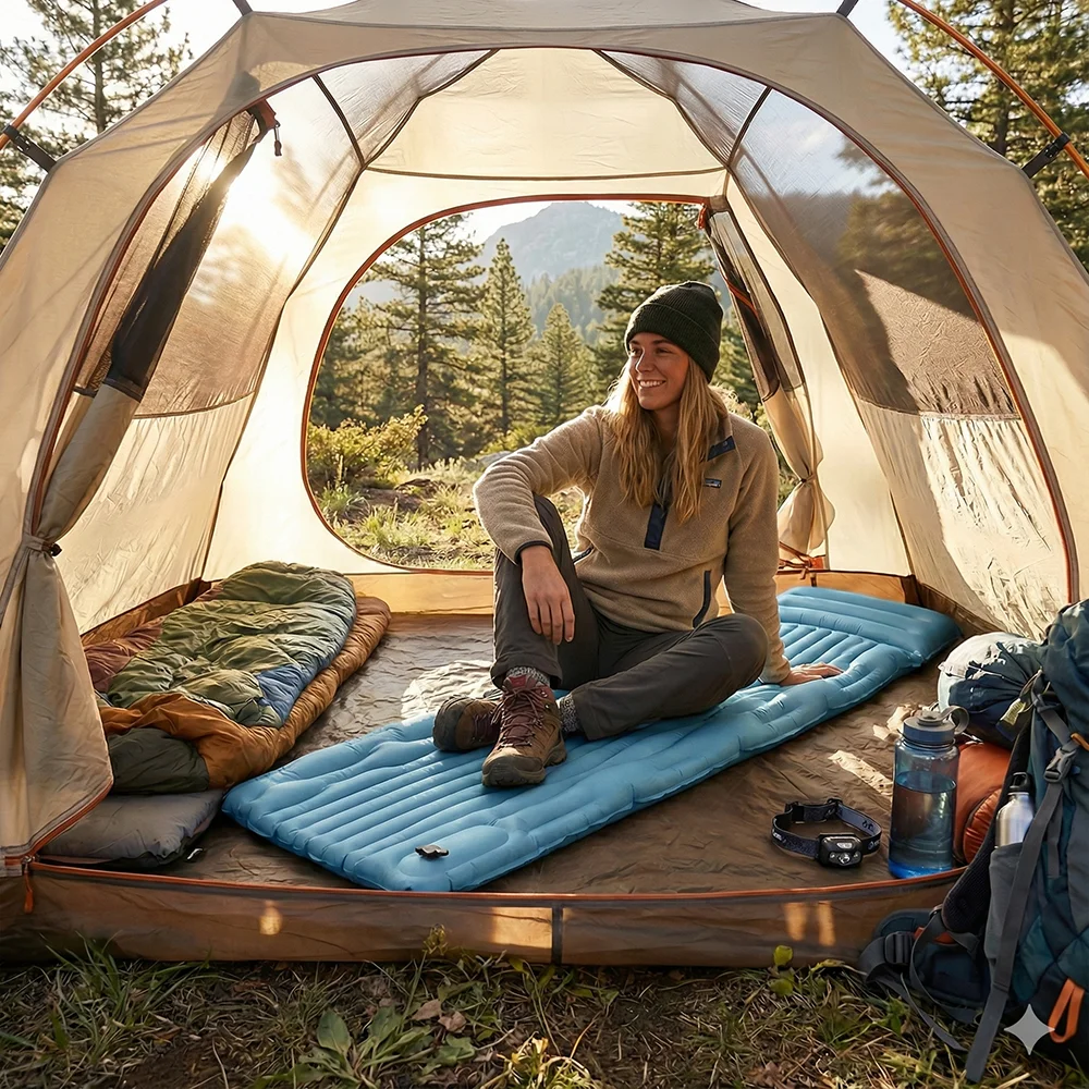 

Ultralight Hiking Sleeping Pad 40D Nylon Inflatable Camping Mat with Built in Foot Pump Compact for Backpacking and Travel