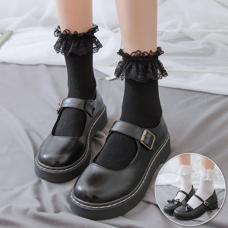 

Lolita Lace Short Socks Japanese Harajuku Women Kawaii Cotton Mid-Tube Socks Sweet Ruffle Breathable Princess Socks Black White