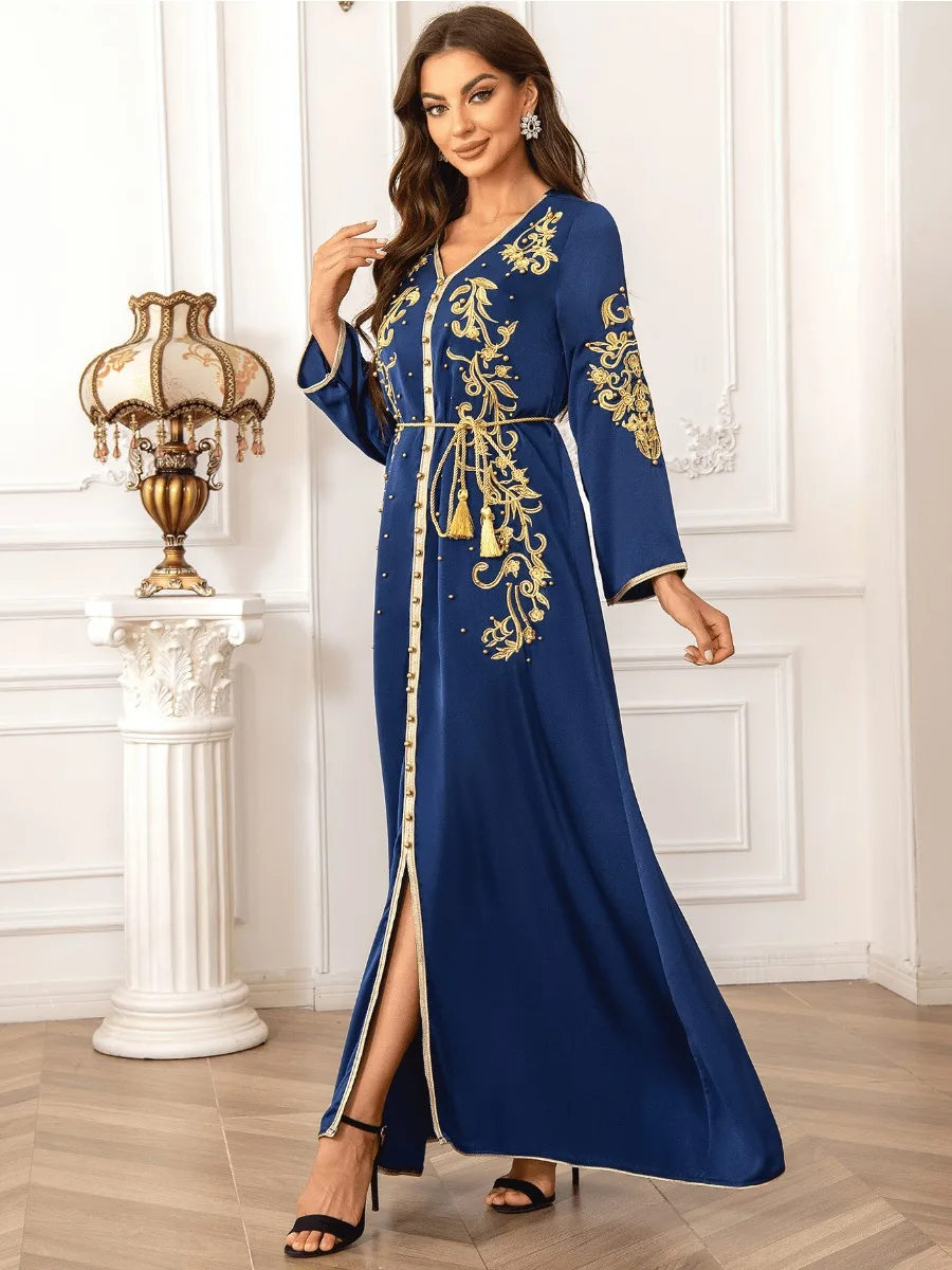 Eid Muslim Dress for Women Abaya Beading V Neck Lace-up Jalabiya Party Dresses Kaftan Vestidos Largos Long Robe Arab Dubai 2024