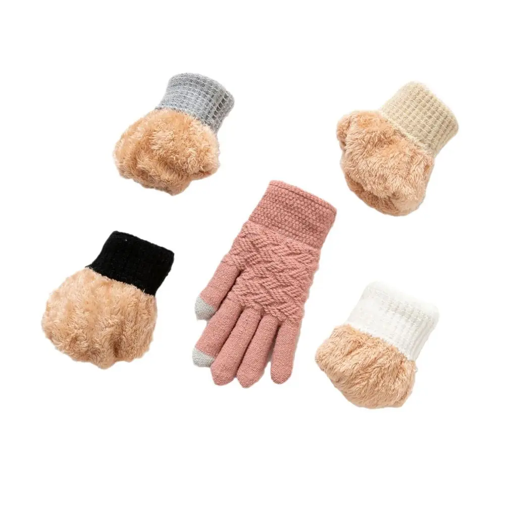 Knitted Wool Finger Gloves Screen Touchable Double Layer Winter Riding Gloves Fleece Thicken Thicken Hand Warmer