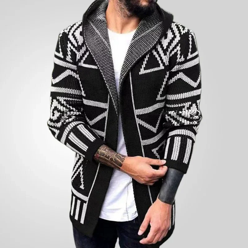 

Men Cardigan Open Stitch Sweaters Mid Length Coat Hooded Full Sleeve Splice Knit Casual Regular Coats Autumn Winter 2025