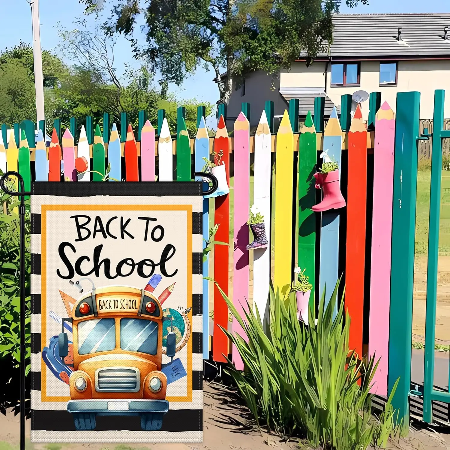 Back to School Garden Flags for Outside 12x18 Double Sided School Bus Black Stripes School First Day Small Garden Flags for  yyi