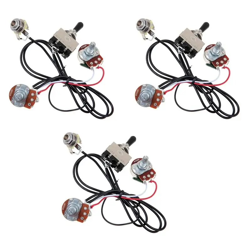 B48B-3X Guitar Wiring Harness Prewired Two Pickup 500K Pots 3-Way Toggle Switch Silver