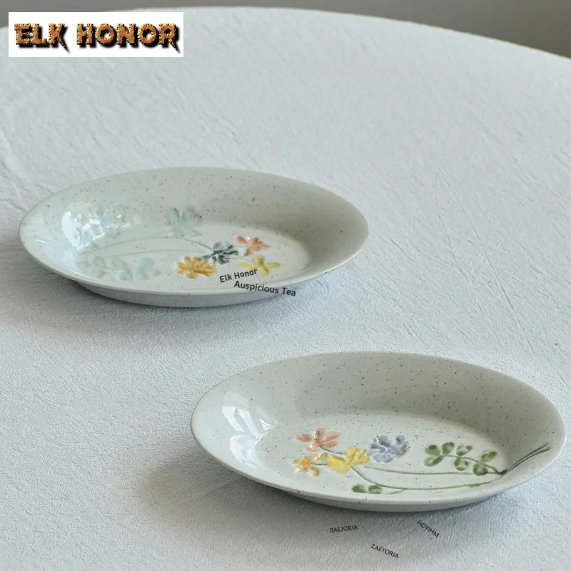 ZAEYORIA Printed Hand-painted Oval Stoneware Shallow Plate Japanese Tableware Sushi Plate  Underglaze Ceramic Melon Fruit Plate