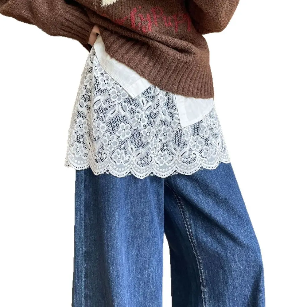 Trendy Lace Trim Fart Curtain for Women Pretty Y2K Mini Skirt Flower Embroidery Versatile Apron Wrap Skirt Trousers Decoration