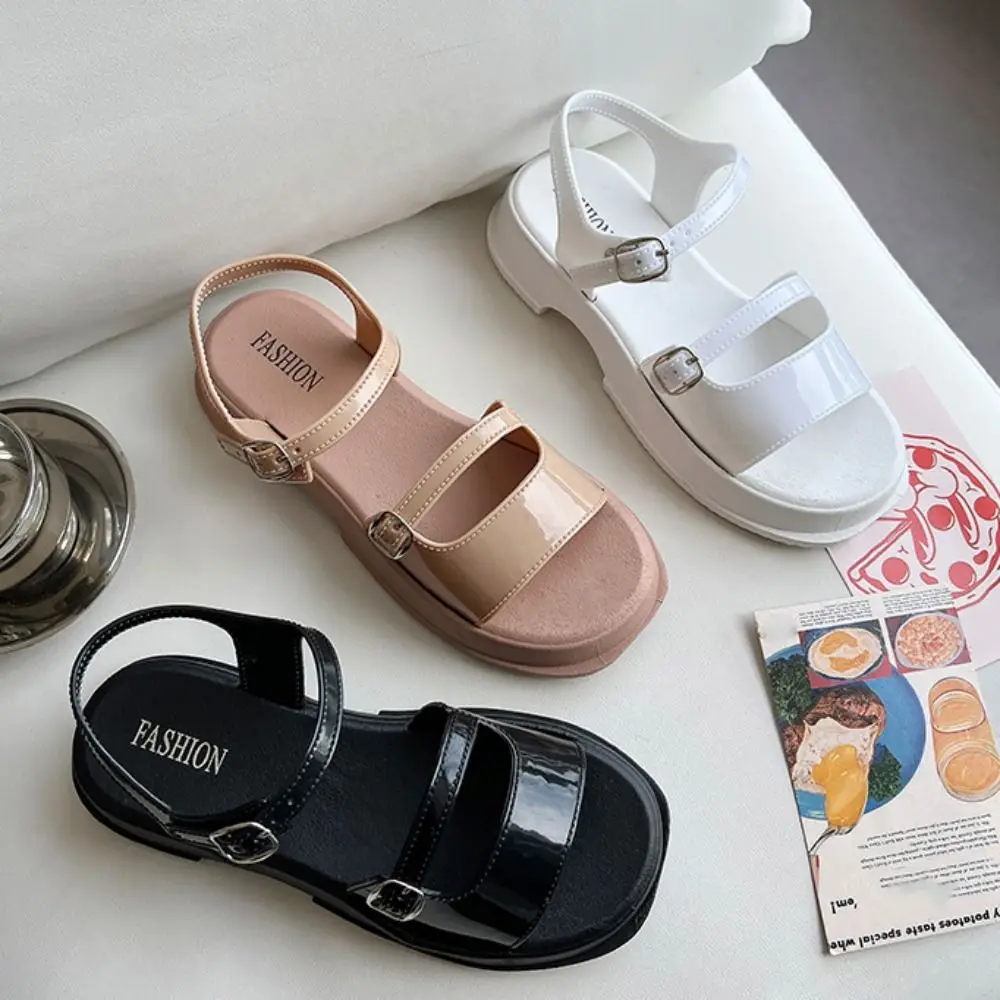 

Elegant PVC Low Heel Sandals Anti Slip Ankle Buckles Platform Sandals Women Hollow Beachwear Slides Slippers Summer