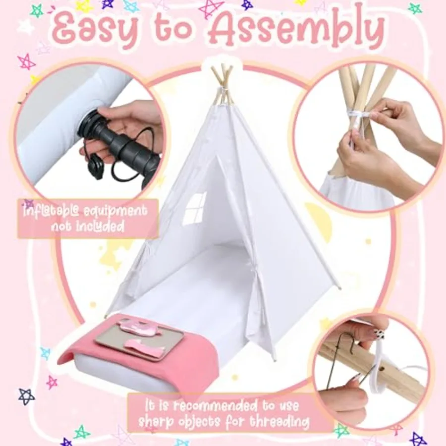 4 sztuki białych namiotów teepee dla dzieci na nocne przyjęcia, namiot na nocleg dla dziewczynek z materacem dmuchanym, pościelą i prześcieradłem z gumką