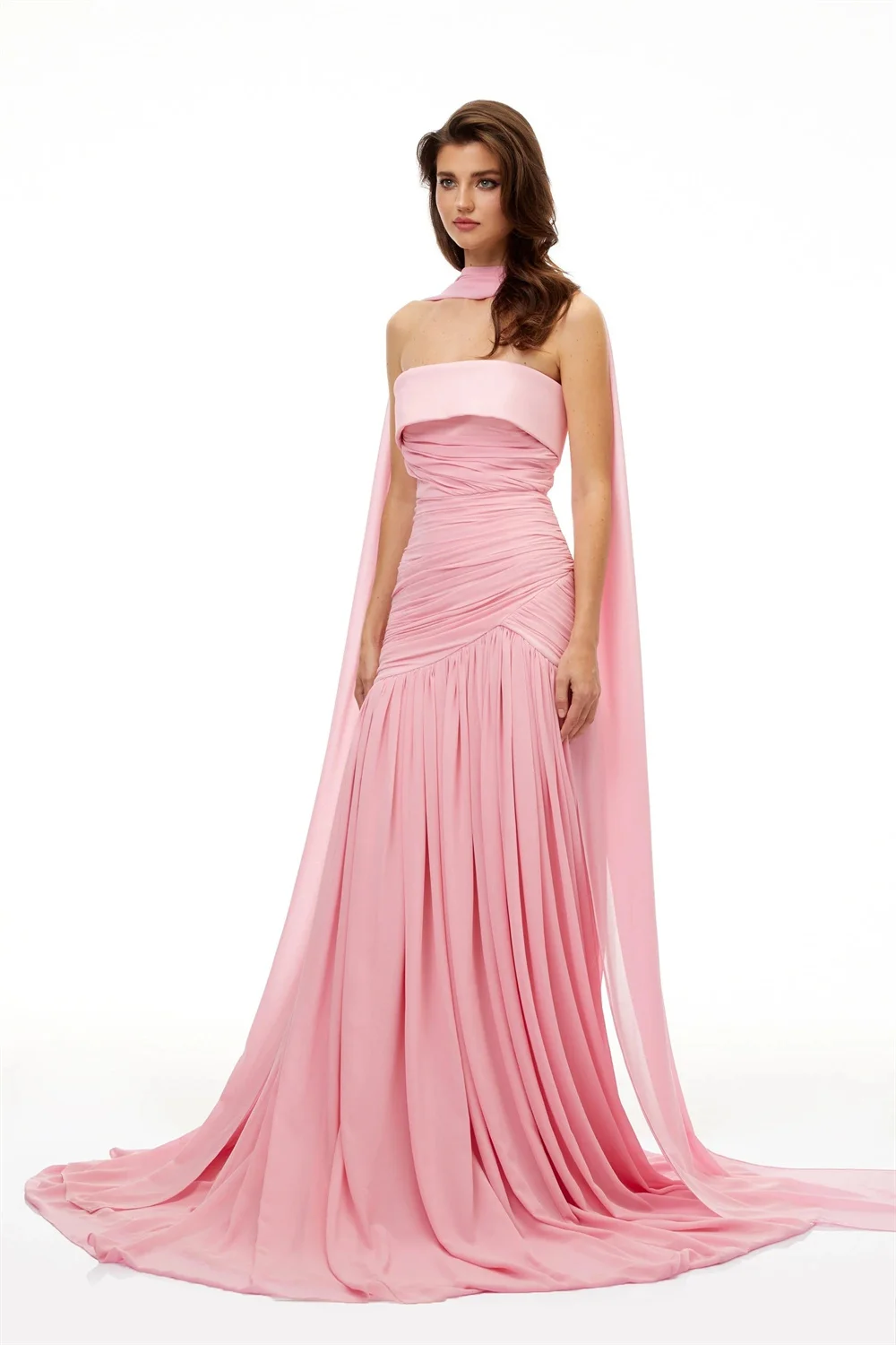 Sansa Customized Strapless Prom Dresses Multilayer Pleats Vestidos De Noche Sheath Waist Cinching Floor Length Formal Evening