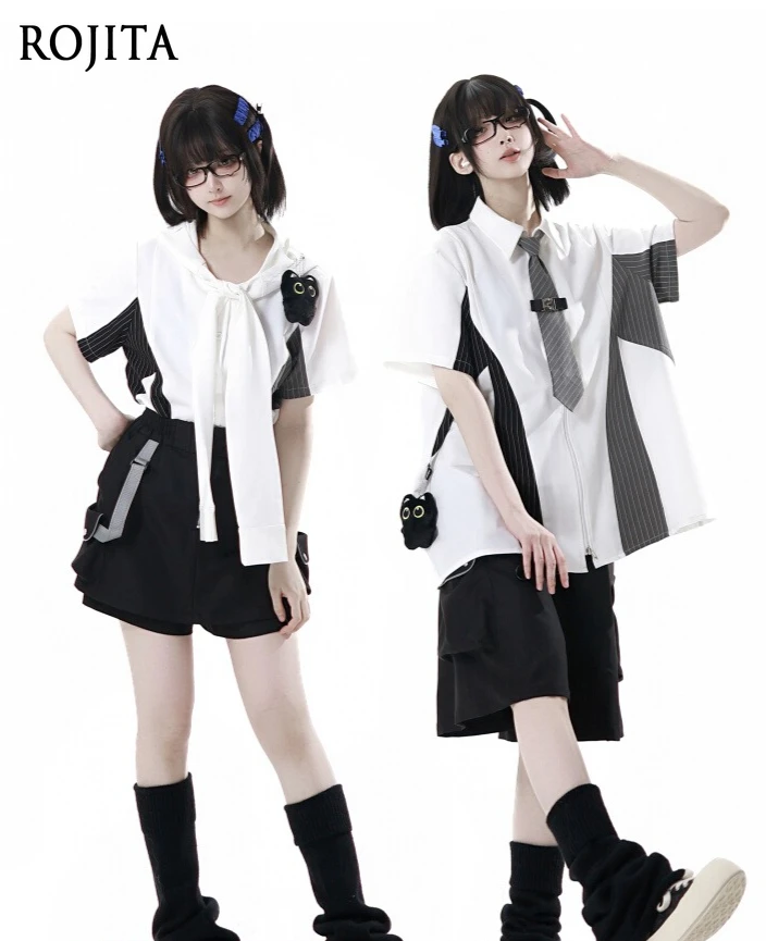 

Summer Casual Patchwork Design Shirt and Shorts Set Striped Patchwork Shirt with Black Cat Pendant Pocket Shorts Skirt Pants