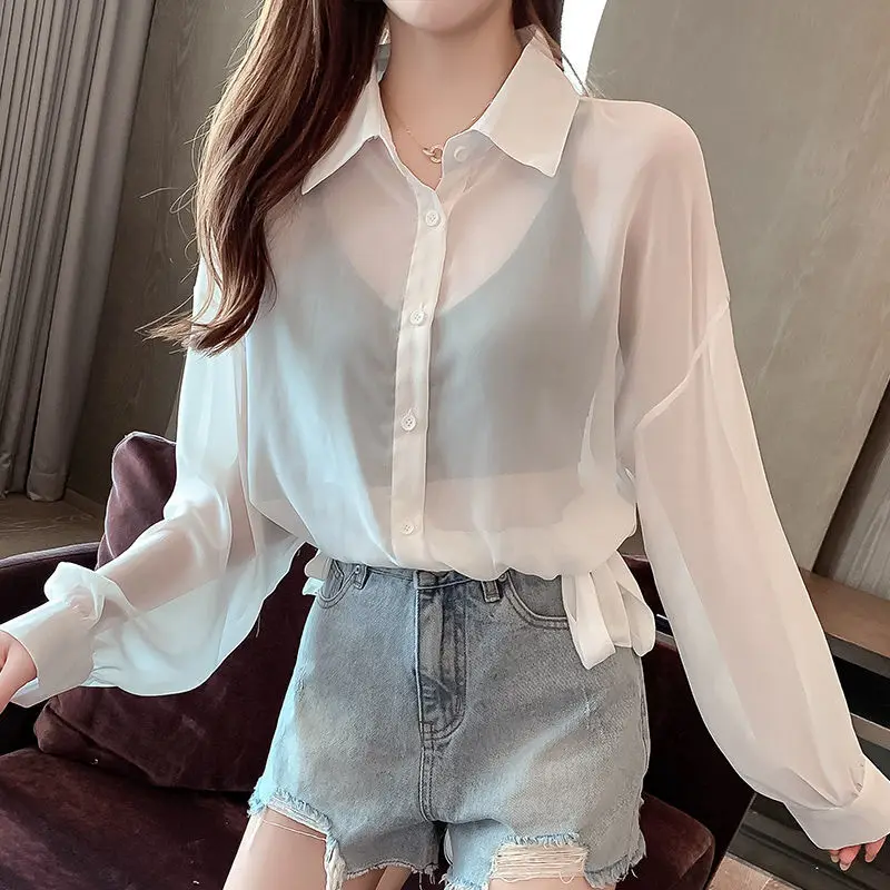 Clothing Full Sleeves Women\'s Shirts and Blouses with Bow Top for Woman Chiffon Transparent See-through Cool Tall M Pretty Y2k