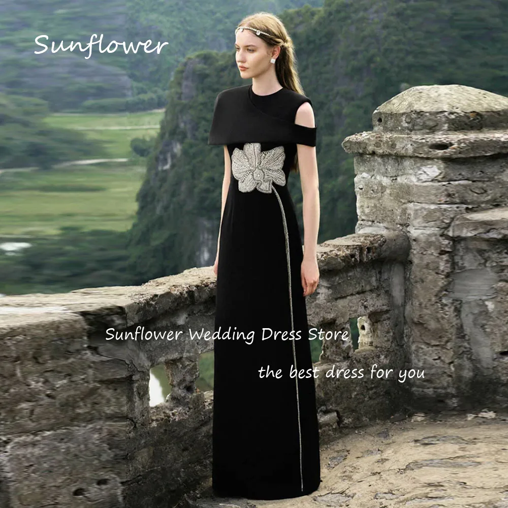 Sunflower Black O-Neck Cap Sleeves Mermaid Formal Evening Dress Saudi Arabia 2024 Slim Beading Crepe Floor-Length Prom Dress