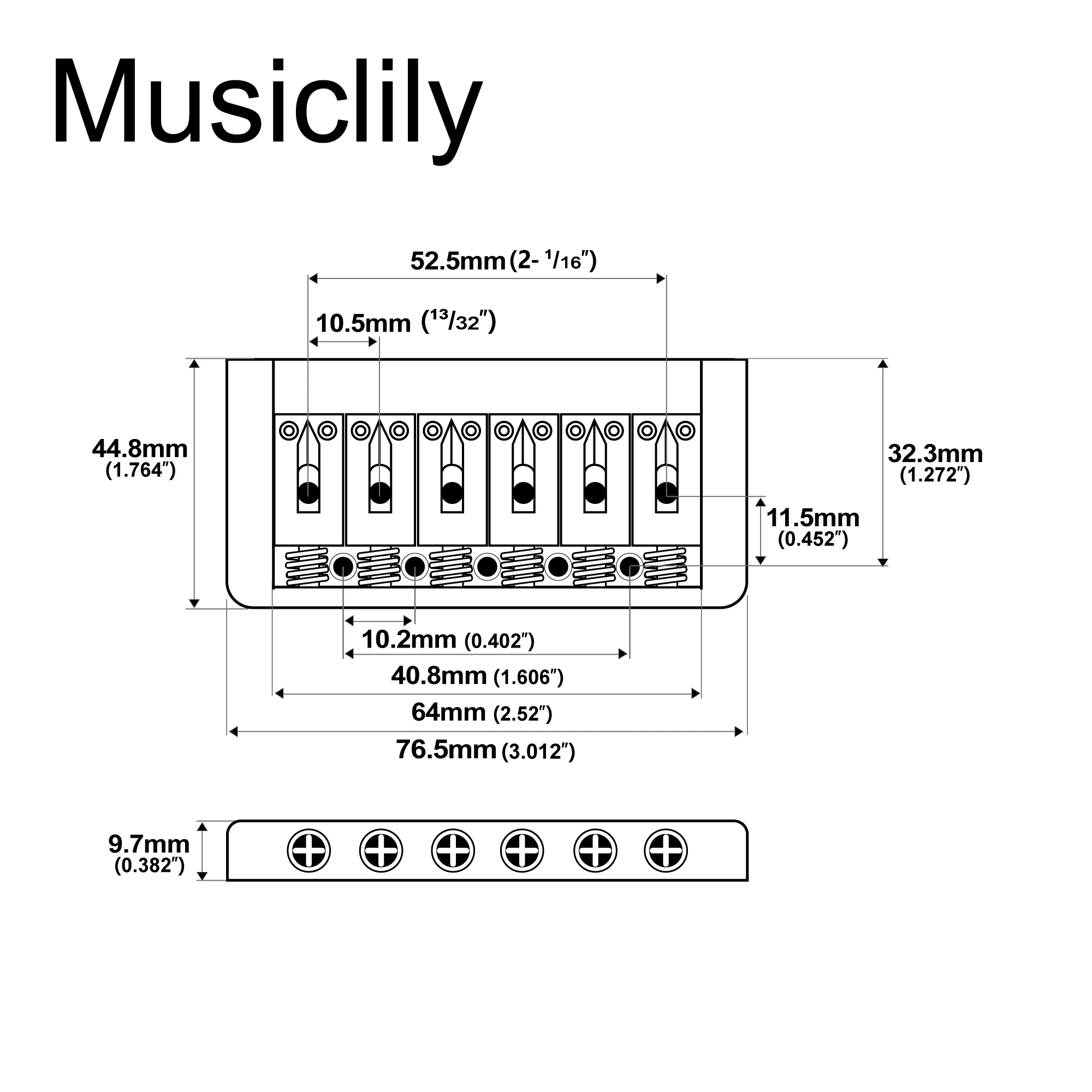 Musiclily Pro 52.5mm String Spacing Modern Style Saddle Hardtail Fixed Bridge Non-Tremolo Bridge for ST TL Style Electric Guitar