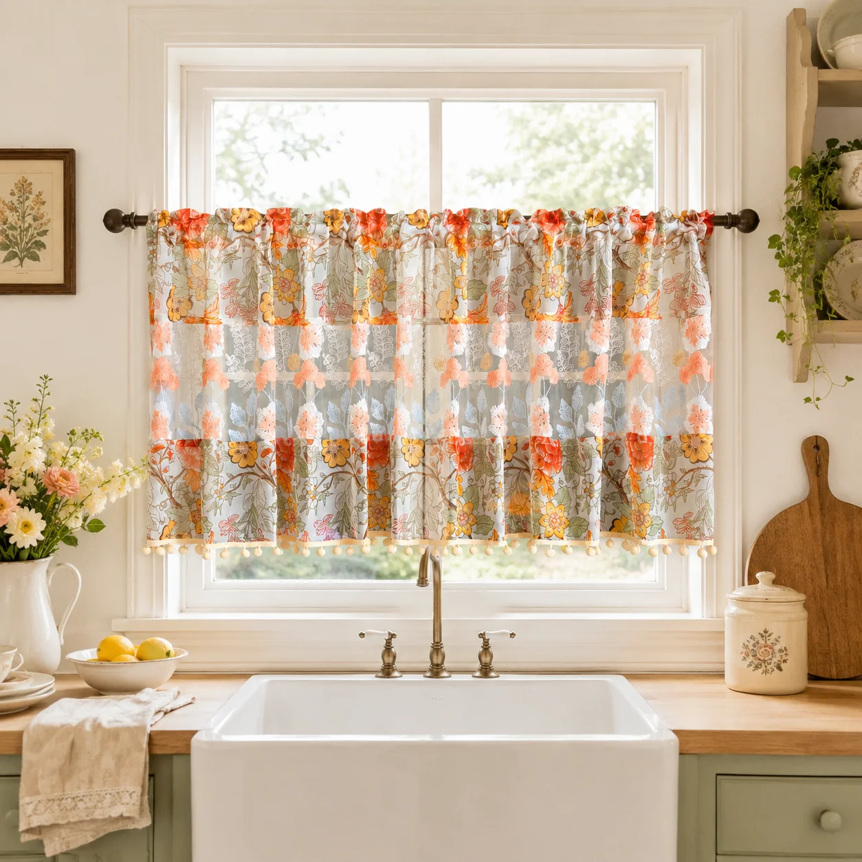 White Orange Floral Sheer Vala - đánh giá và giá Embroidery Kitchen
