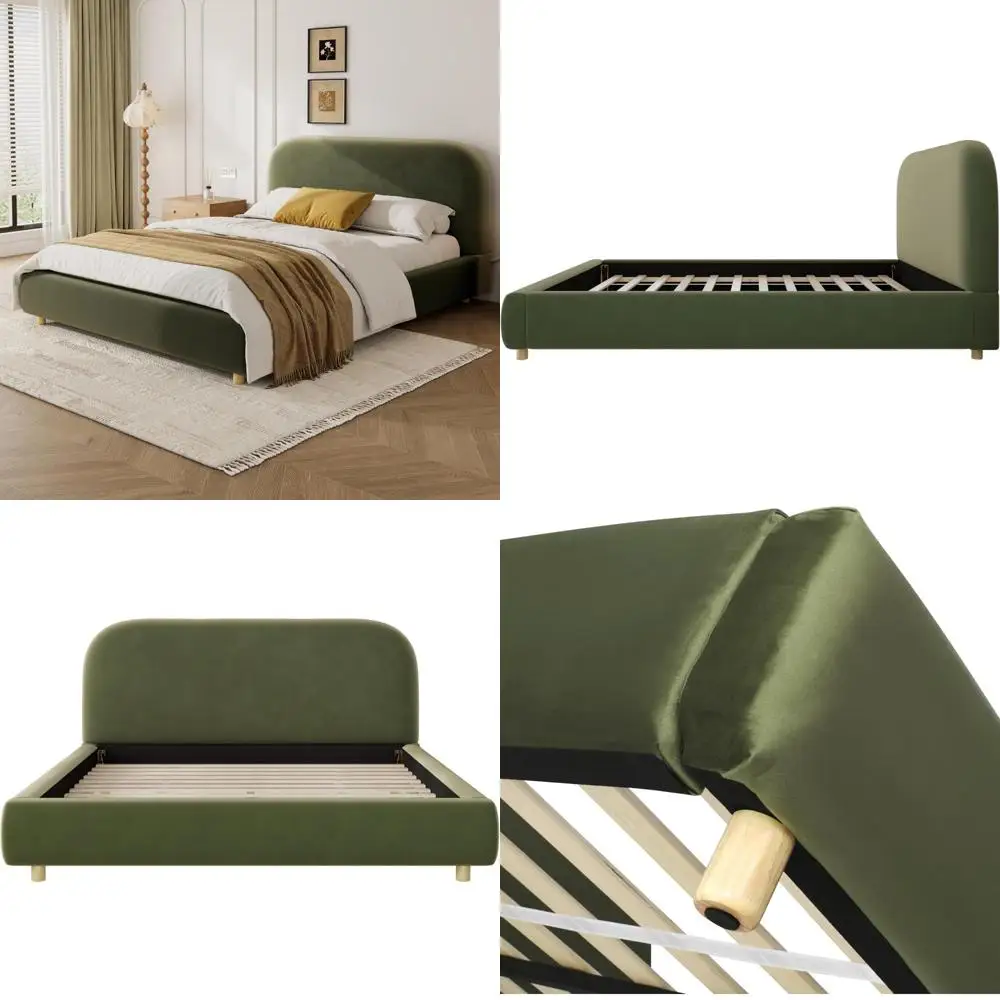 Merax Queen Size Velvet Fabric Upholstered Platform Bed with Curved Shaped Headboard, Wood Bed Frame with Solid Round Legs for K