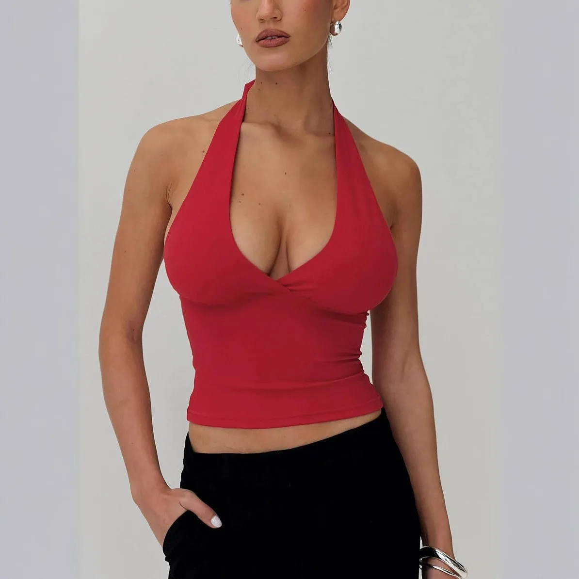 Women's Y2K Women Summer Halter Neck Backless Deep V Neck Camisole Slim Fit Short Length Solid Color Non-Removable Straps