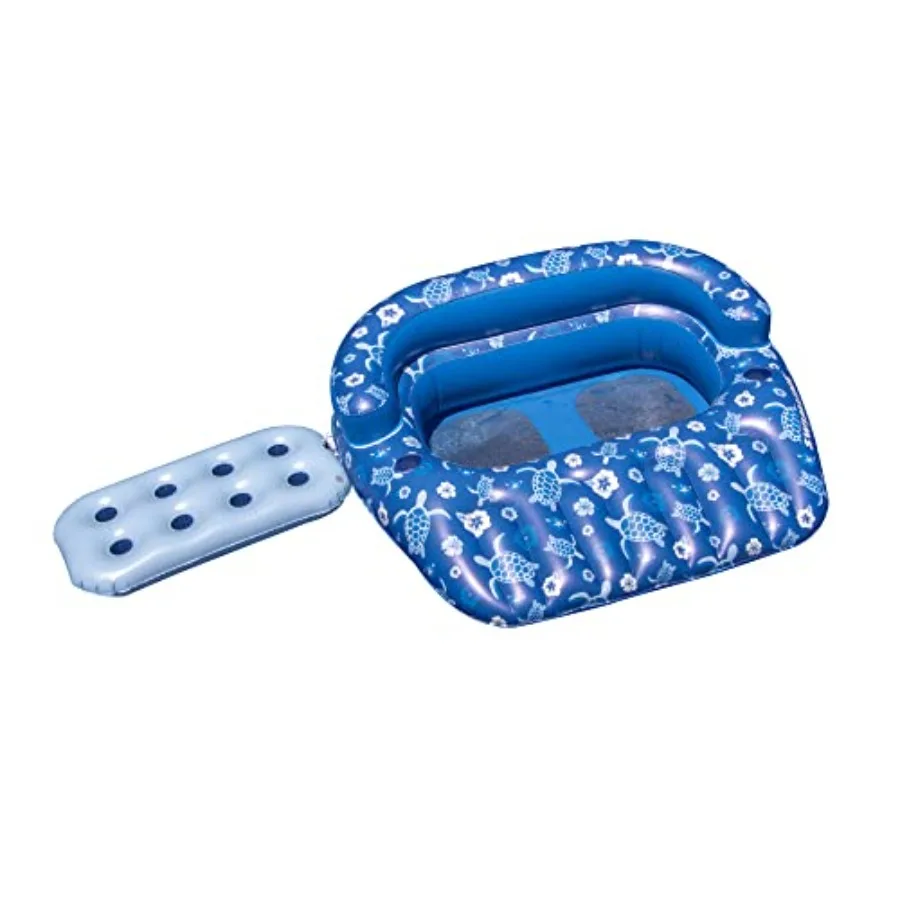 

58 Inflatable Tropical Print Double Swimming Pool Lounger for Outdoor Use Blue and Green Pattern Durable PVC Material Comfortab
