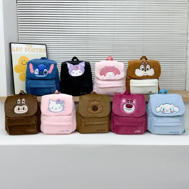 2024 New Sanrio Hello Kitty Plush Backpack Kawaii Cartoon Animation Girls Bag Cute Large Capacity Cinnamoroll Pattern School Bag