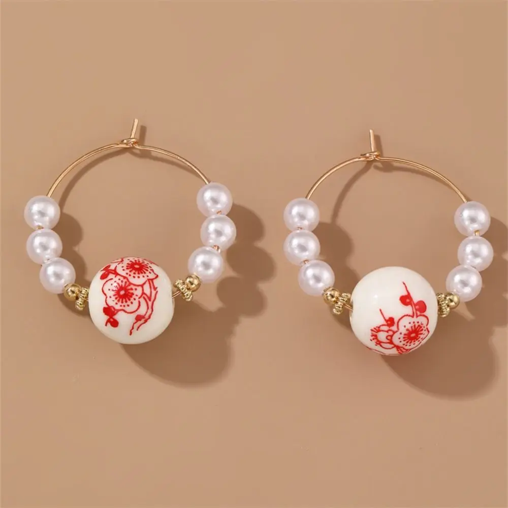 Ceramics Pearl Dangle Earring Handmade Bohemia Earrings Blue and White Porcelain Earrings Alloy