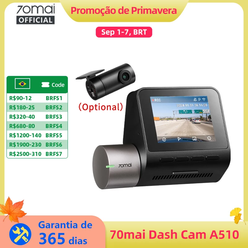 70mai Dash Cam A510 1944P HDR GPS ADAS 4G Conectividade 70mai 4G Front Cam A510 Carro DVR 24H Suporte de Estacionamento Cam Traseira