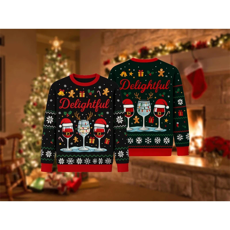 

Christmas New Ugly Sweater Unisex 3D Print Funny Santa Claus Red Wine Glass Pullover Sweatshirt Xmas Festival Gift Sweatshirts