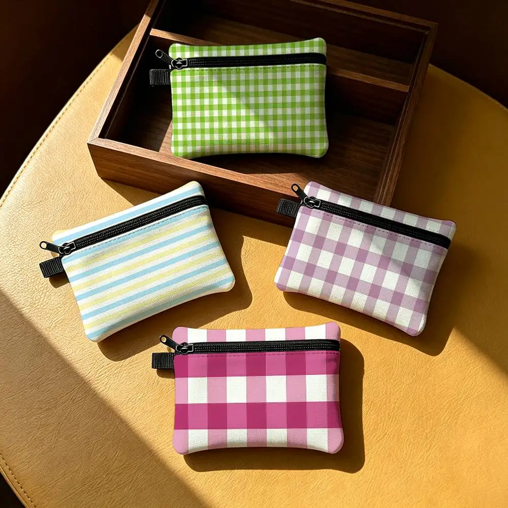 Nordic Style Light Color Checker Stripe Mini Hanging Oxford Cloth Coin Bag Durable Zipper Key Card Pouch With Carabiner