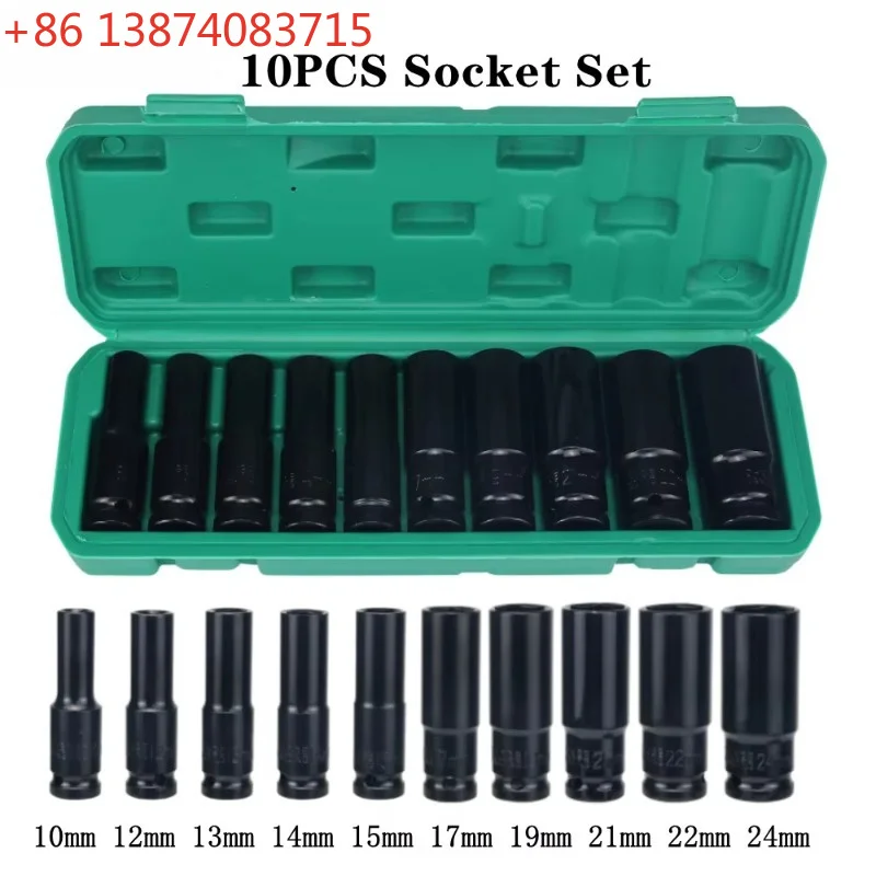 10PCS Impact Socket Set Metric Long Hex Socket Set with Plastic Storage Box for Electric Wrenches