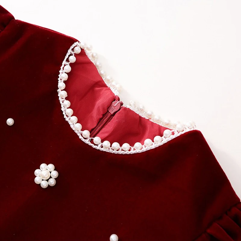 فساتين بناتي للأطفال فستان لؤلؤ أحمر بأكمام منتفخة فستان الأميرة للأطفال زي حفلة عيد الميلاد للأطفال من سن 2 إلى 7 سنوات ملابس فتاة #5