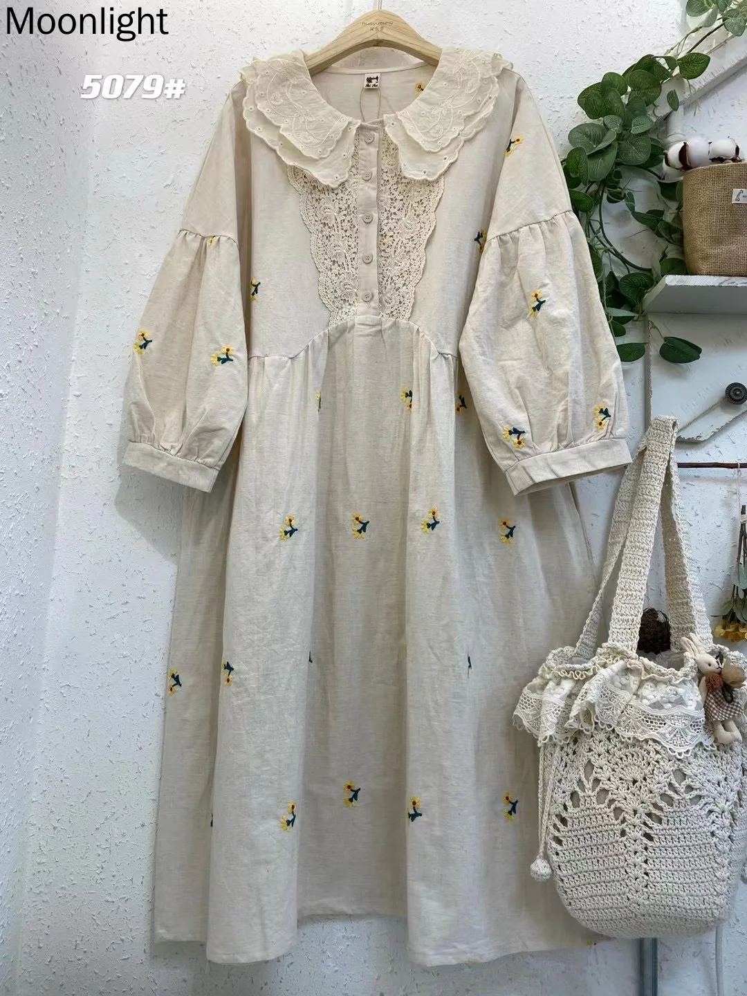 Lace Patchwork Peter Pan Collar Kawaii Dress Japanese Mori Girl Floral Embroidery Long Sleeve Dress Cotton Linen Loose Vestidos