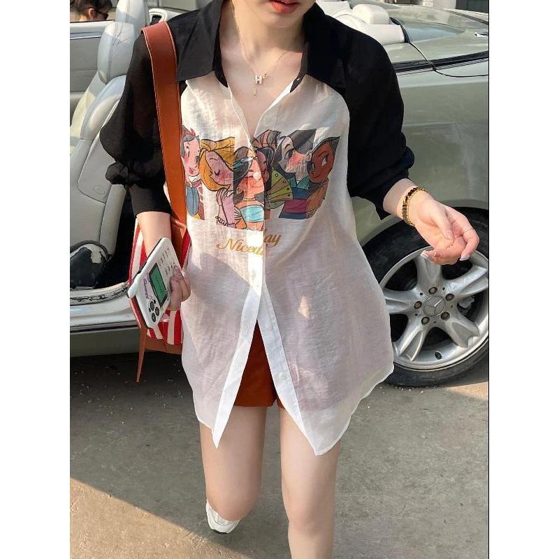 Women\'s Trendy Print Funny Cartoon Print Patchwork Shirt Lapel Long Sleeve Oversize Blouse Y2K Harajuku Casual Chic Tops Female