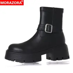 MORAZORA Plus Size 34-41 New Genuine Leather Ankle Boots Women Buckle Round Toe Square High Heels Autumn Winter Motorcycle Boots