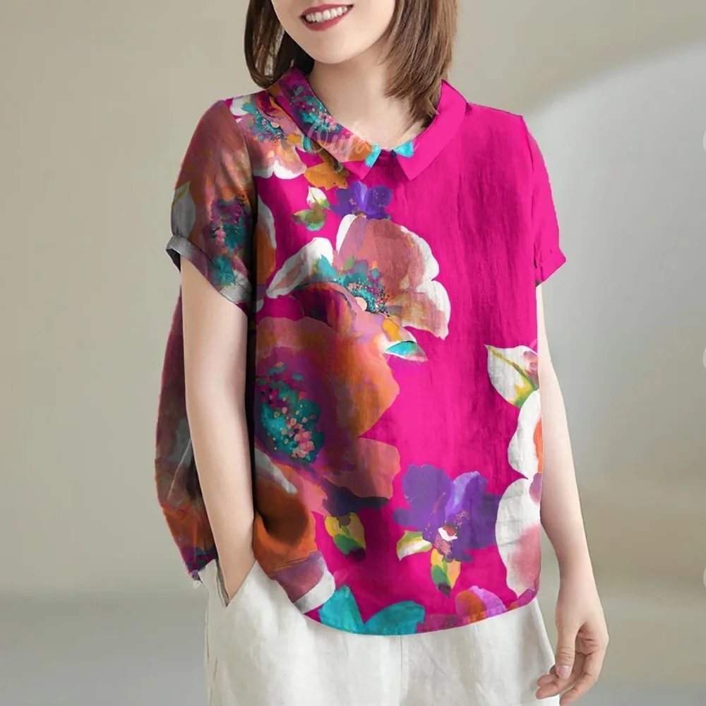 

Elegant Blouses for Women Colorful Floral Pattern Print Shirts Top Summer Short Sleeve T-Shirt Vintage Pulovers Women's Clothing
