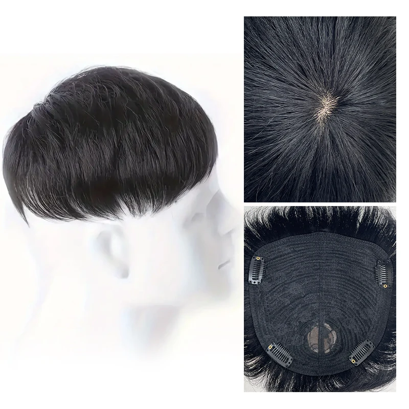 Men 100% Human Hair Hairpiece Black False Cover Breathable Hair Net Base Effectively Cover Thinning Hair Male Clips-On Wig