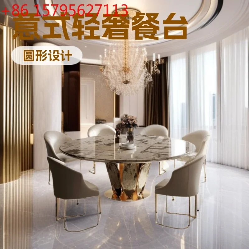 Source Factory High-end Italian Light Luxury Fashion Stainless Steel Round Marble Dining Table Chair