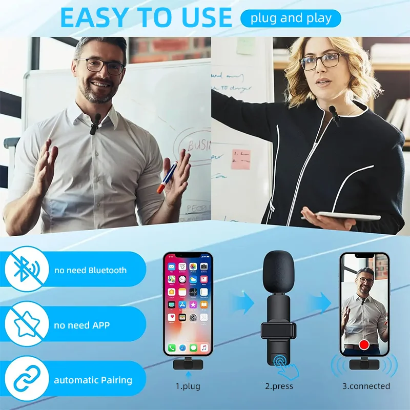 Wireless Lavalier Mini Microphone For iPhone 15 Pro Max XR Xiaomi Samsung Lapel Mic for Video Recording Interview Live Streaming