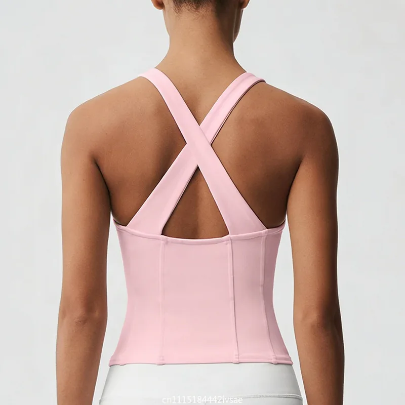Summer Women Square Neck Racerback Yoga Tank Top Corset‑Stitch Built‑in Bra 4‑Way‑Stretch Breathable Shockproof Workout Vest