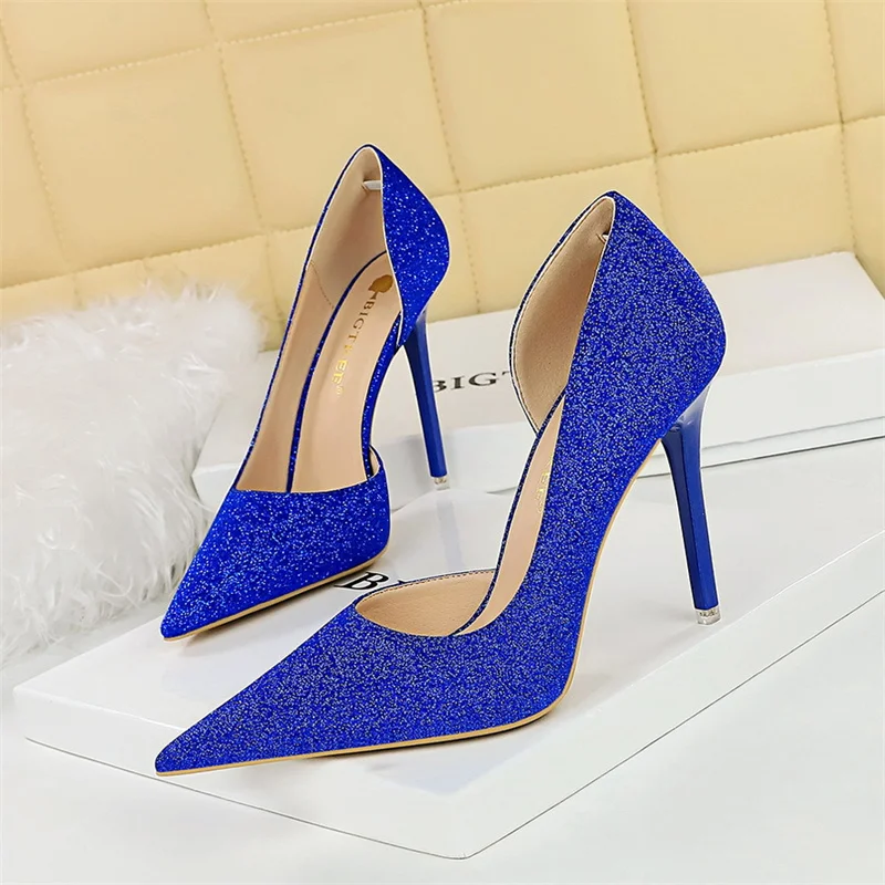 

Women High Heel Shallow Mouth Pointed Toe Side Hollow Blue Silver Bling Cloth Pumps Stiletto Wedding Bridal Prom Shoes