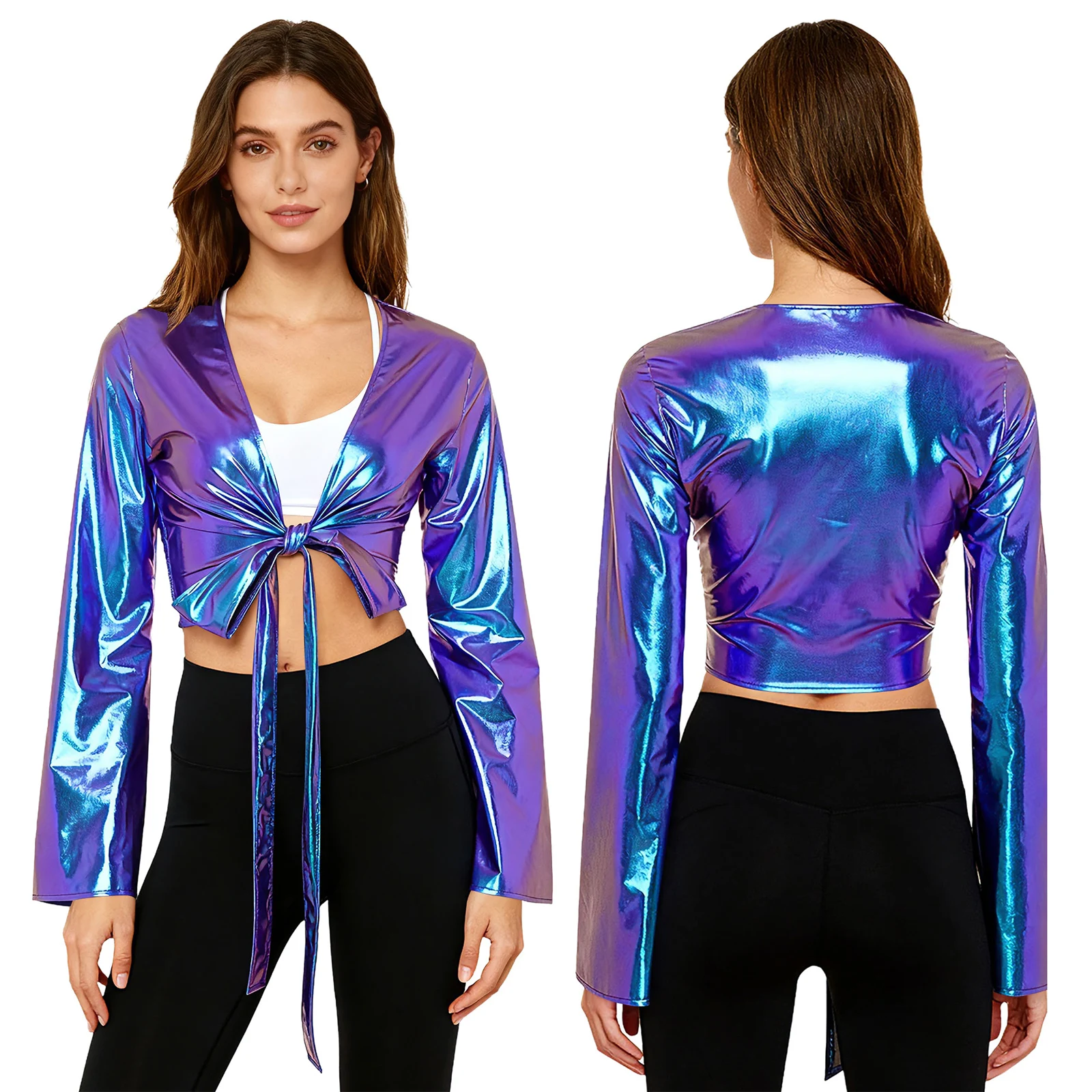 レディースヨガワークアウトダンストップス、レースアップラップメタリックトップス、ロングフレアスリーブクロップトップ、カーニバルパーティー、クラブウェア用カバーアップ
