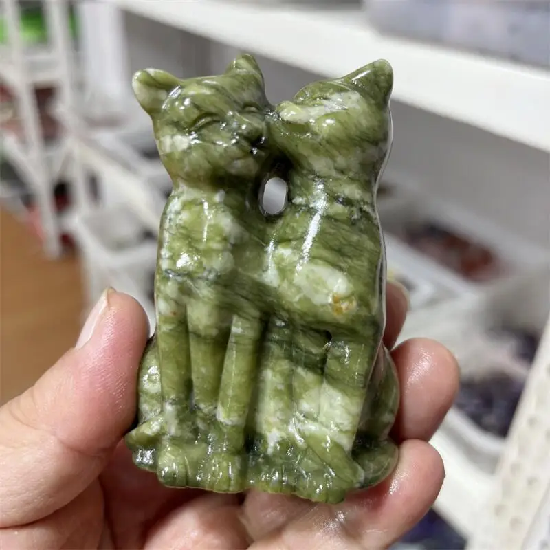 

Natural Green Jade Cartoon Couple Cat Carving Crystal Healing Animals Figurines Home Decorations DIY Gift 1pcs