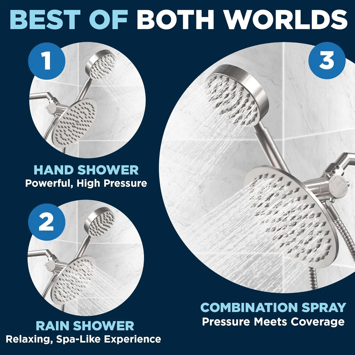 ALL METAL Dual Shower Head Combo – BRUSHED NICKEL – 8 Inch Rainfall High Flow Head  Handheld Head High Pressure with Hose 6ft