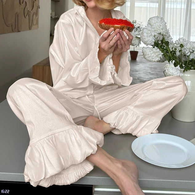 

Бежевые повседневные свободные женские брюки, женские элегантные однотонные рубашки с рюшами, комплекты из топа и брюк с высокой талией, женский комплект из 2 предметов