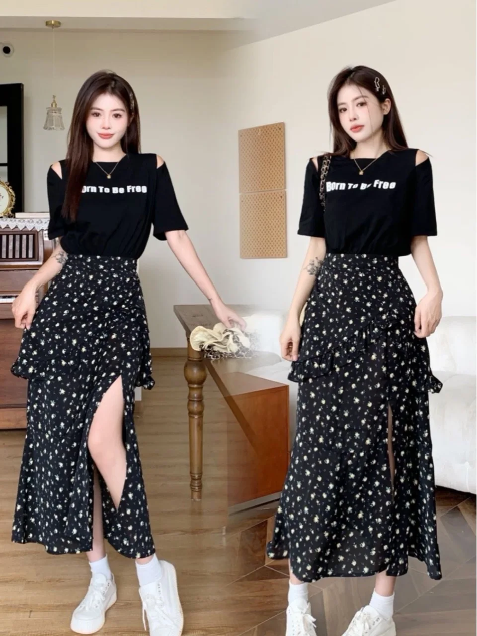 

Summer New Fake Two Piece Slim Slim Slim Slim Waist Straight Shoulder Dress Long Dress