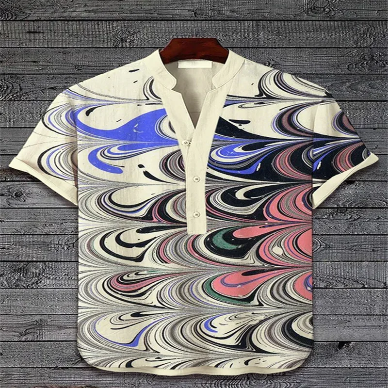 Men\'s Hawaiian Art Print Short Sleeve Loose Three-Breasted Shirt 3D Casual Fashion Wave Series Casual Linen Cardigan Top