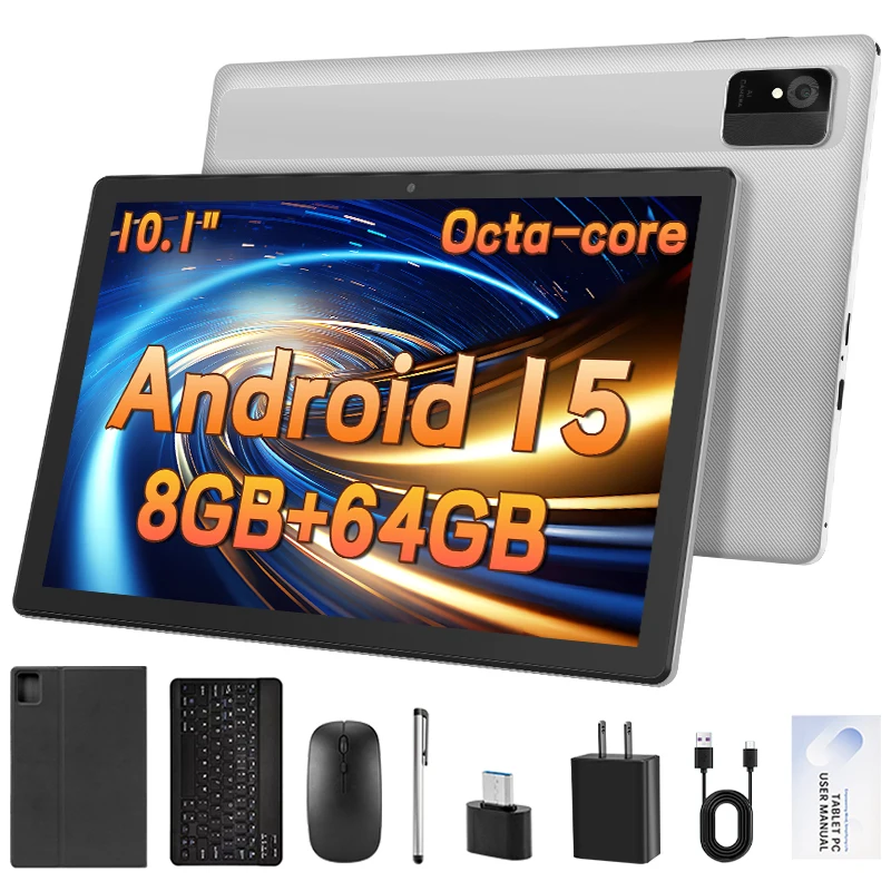 ANRY 2025 Android 15 Tablets، تابلت 10.1 بوصة ثماني النواة مع ذاكرة وصول عشوائي 8 جيجابايت وذاكرة قراءة فقط 64 جيجابايت، شاشة لمس IPS، بطارية 5000 مللي أمبير في الساعة معتمدة من GMS