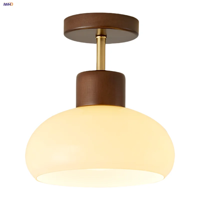 

IWHD Nordic Modern LED Ceiling Lights Kitchen Aisle Living Room Decor Wood Round Pale Yellow Glass Flush Mounted Ceiling Lamp