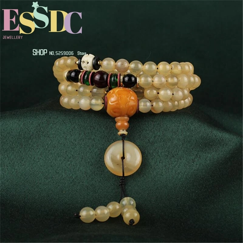 

New Arrival 108 Mala Natural Tibetan Style Sheep Strand Bracelets Polishing Horn Beads with Blood Silk Bone Craft Jewelry