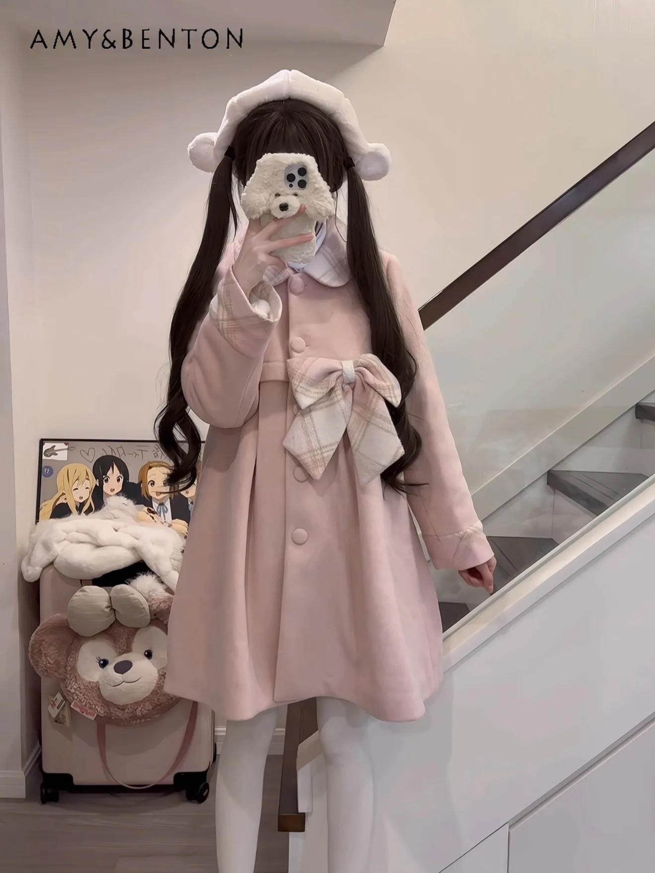 

2025 Autumn Winter New Hot Sale Sweet Commuting Style Bow Collar Pink Blue Loose Casual Mid-Length Woolen Coat