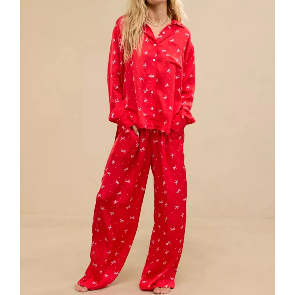 

HEZIOWYUN Women 2Piece Bowknot Print Loungewear Pajamas Set Long Sleeve Lapel Neck Button-up Shirt+Elastic Waist Pants Sleepwear