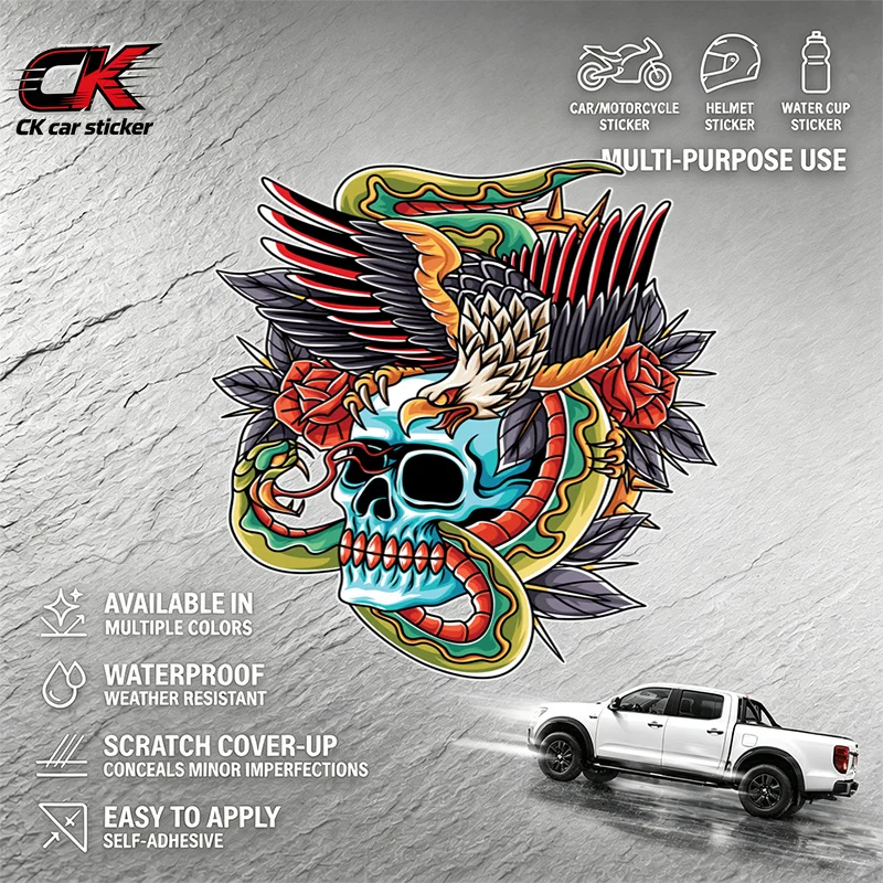 Waterproof Sticker American Traditional Tattoo Skull Snake Rose for Car Motorcycle Helmet Decoration
